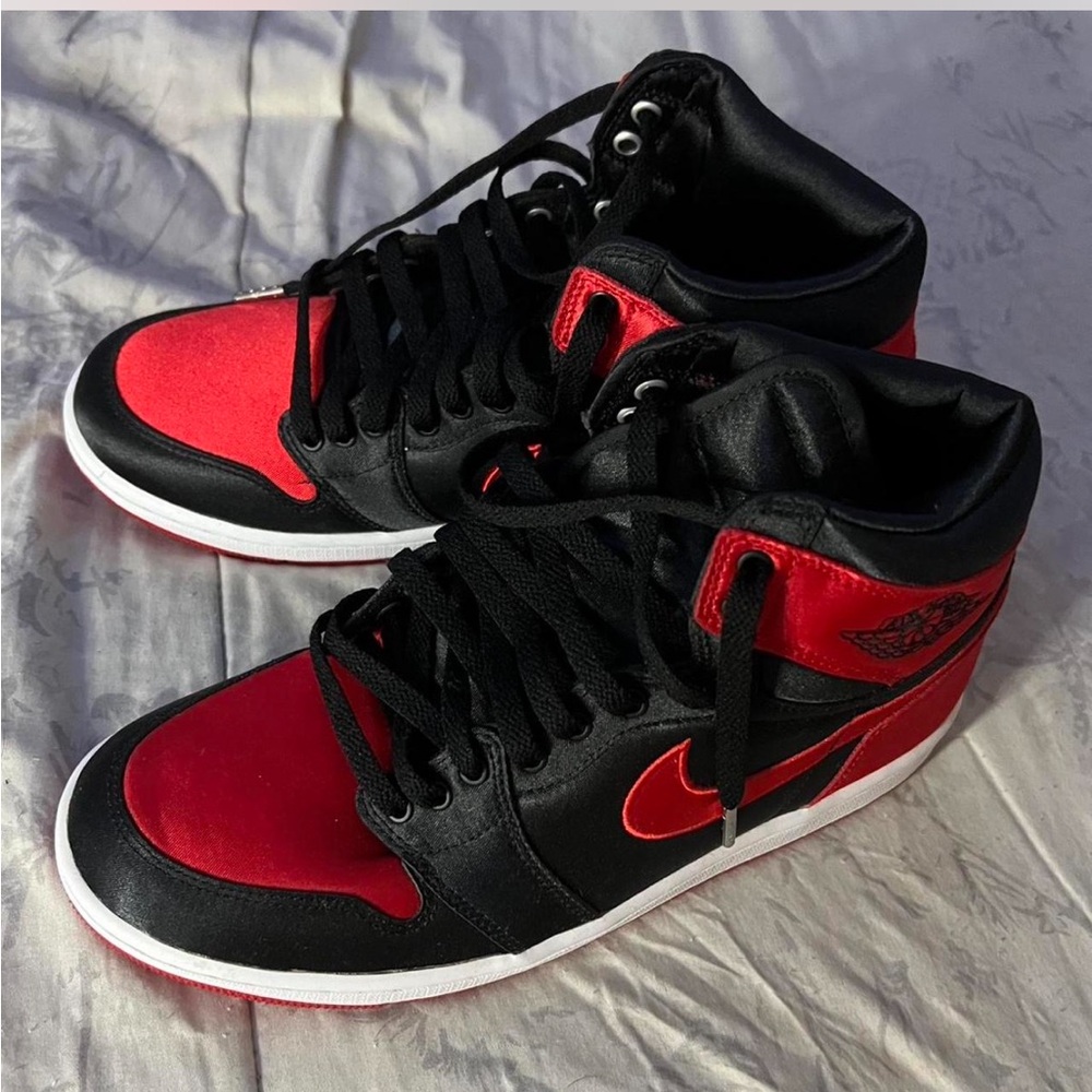 Red and Black satin High-Top Jordan Sneakers